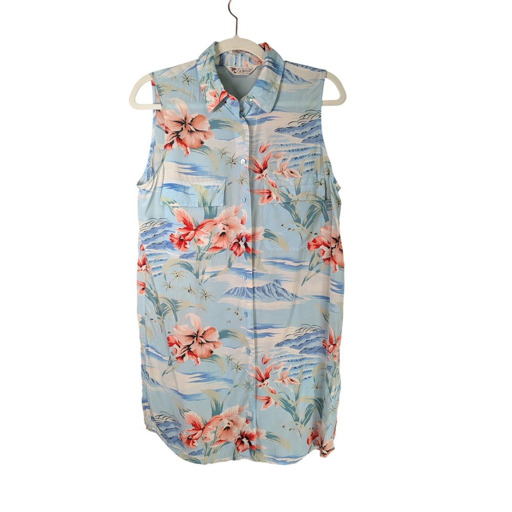 Equipment Silk Sleeveless Mini Dress S Hawaiian Light Blue Floral Shirt